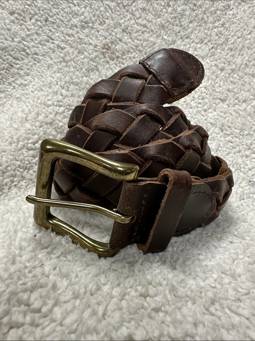 Thick Rustic Braided Full Grain Brown Leather Belt, Brass Buckle, Size 38